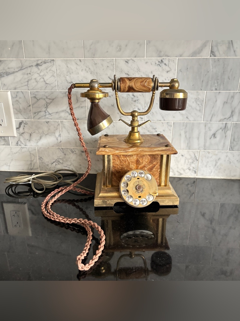 As Is Vintage Brass and Onyx Rotary Telephone, Made in Italy - Untested